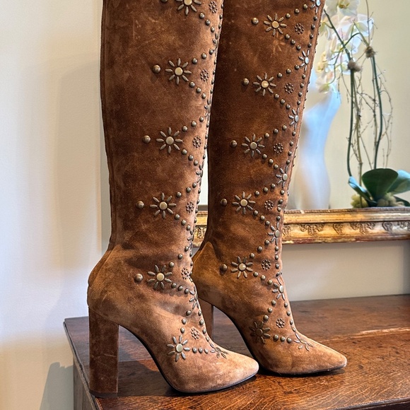 AUTHENTIC Saint Laurent *Ella* Studded Brown Suede Knee Boots IT 37/US 7 - Picture 4 of 16